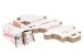 Maple syrup can carrier at different assembly stages assembled and disassembled can box, handled maple syrup carrier, cardboard packaging, assembly stages, box components