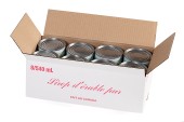 open box of 8 maple syrup cans, metal syrup cans, cardboard can case, maple syrup packaging, top view