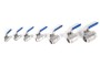 Stainless steel valves, all sizes, side view stainless steel valves, all sizes, side view, stainless steel ball valves, multiple sizes, stainless steel valves, food-grade plumbing, maple equipment, food processing equipment, LS Bilodeau
